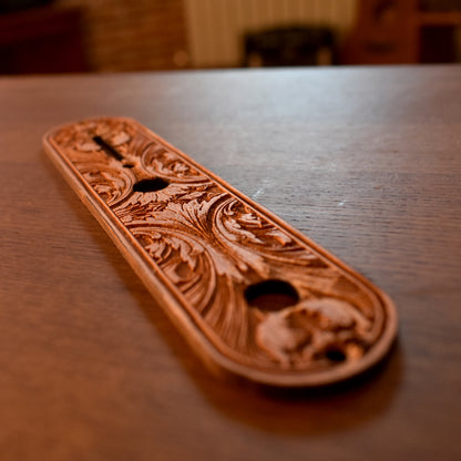 Telecaster Control Plate Embellishment 2 – gothic art, engraved wood, dark fantasy, skeleton design, artisan crafted