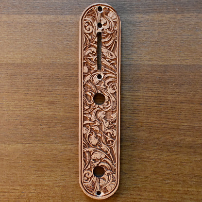 Telecaster Control Plate Embellishment 3 – gothic art, engraved wood, dark fantasy, skeleton design, artisan crafted