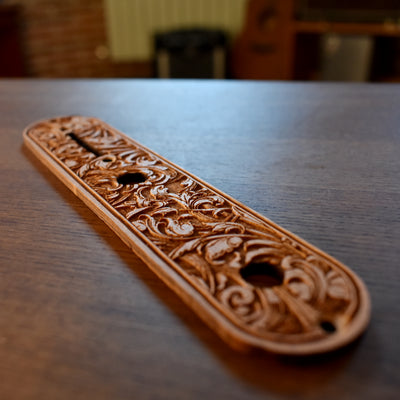 Telecaster Control Plate Embellishment 3 – gothic art, engraved wood, dark fantasy, skeleton design, artisan crafted