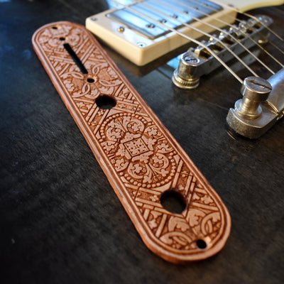 Telecaster Control Plate Medieval Ornate – gothic art, engraved wood, dark fantasy, skeleton design, artisan crafted