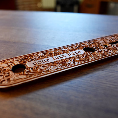 Telecaster Control Plate Custom Embellishment – gothic art, engraved wood, dark fantasy, skeleton design, artisan crafted