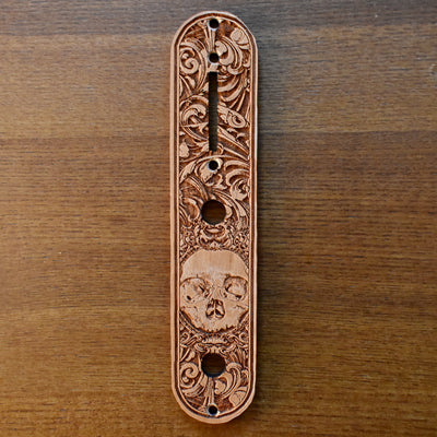 Telecaster Control Plate Medieval Skull Ornate – gothic art, engraved wood, dark fantasy, skeleton design, artisan crafted
