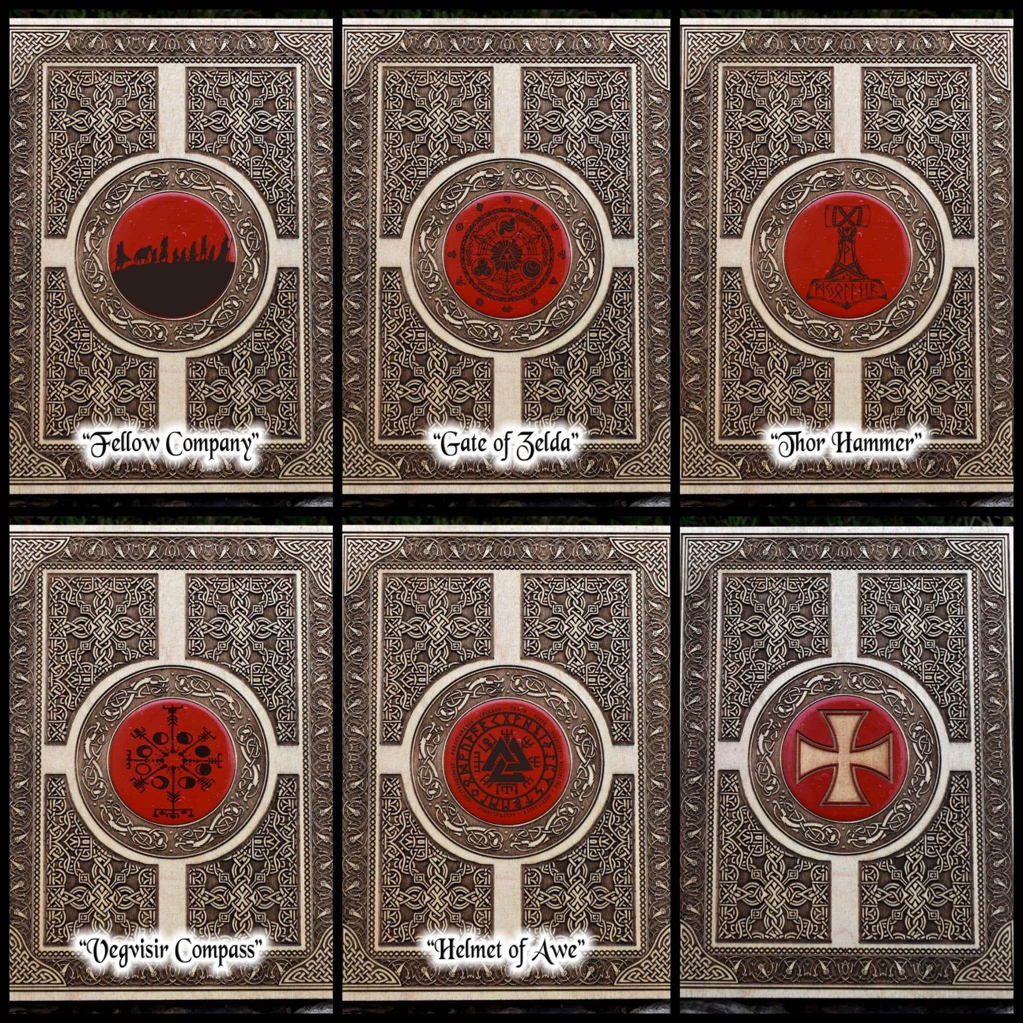 Engraved Celtic window design with personalized center symbol on wood
