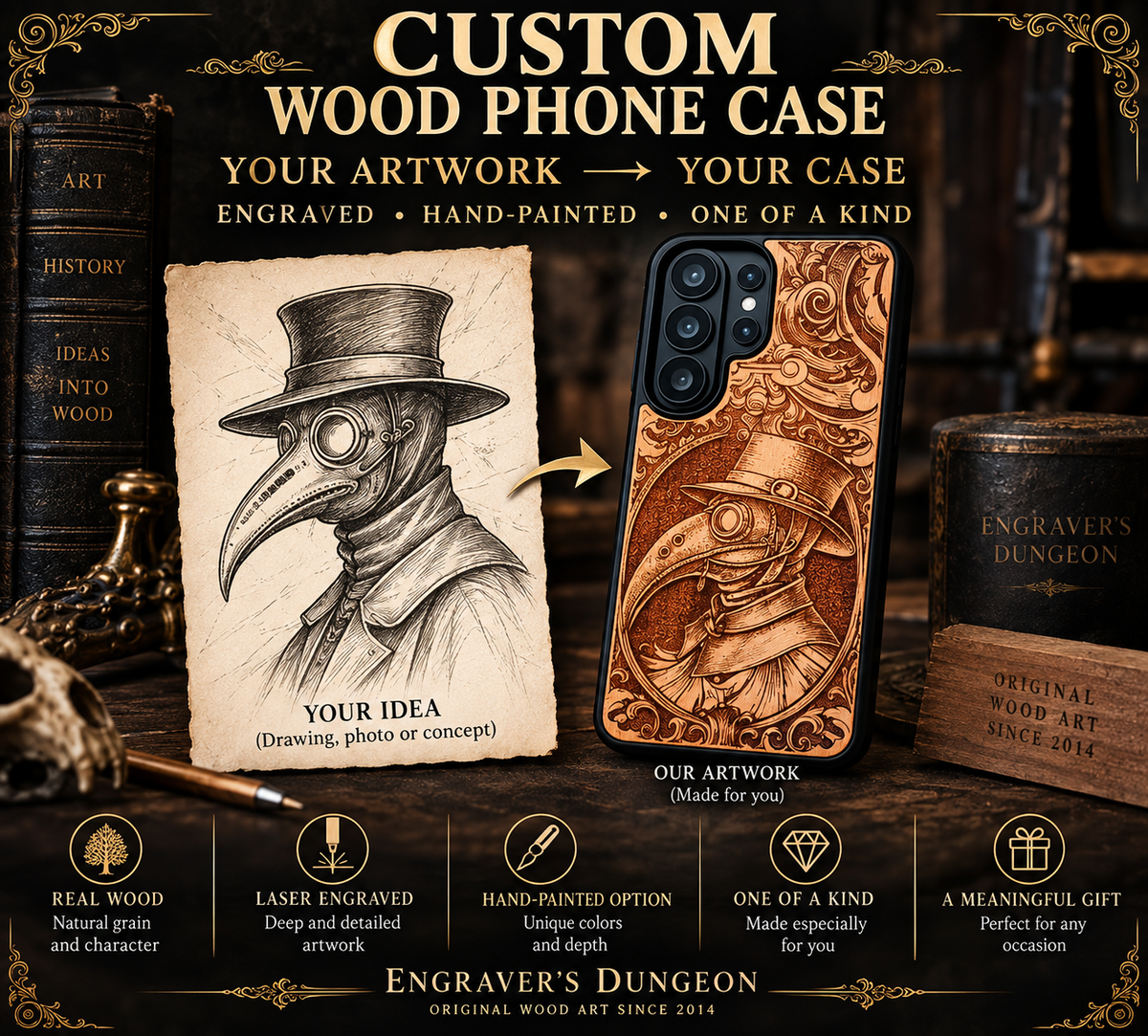 Custom engraved cherrywood phone case personalized with your own image or artwork