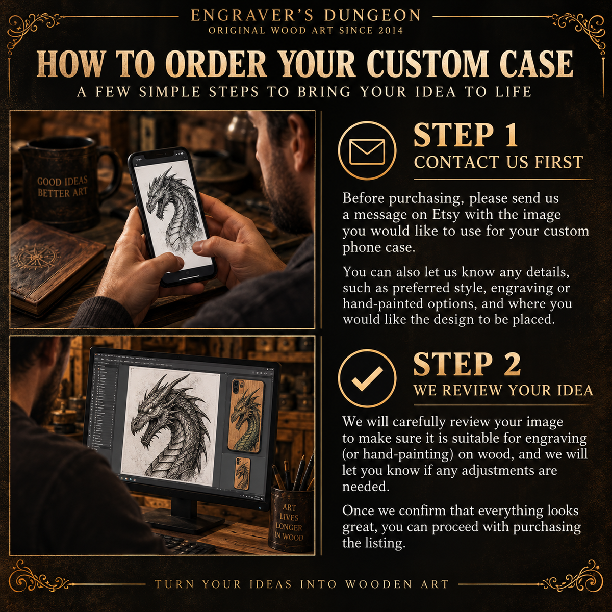 How to order a personalized wood phone case using your own photo drawing or artwork