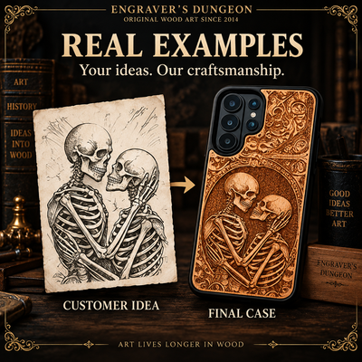 Custom skeleton couple artwork transformed into a laser engraved cherrywood phone case