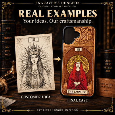 Personalized artwork transformed into an engraved hand-painted cherrywood phone case