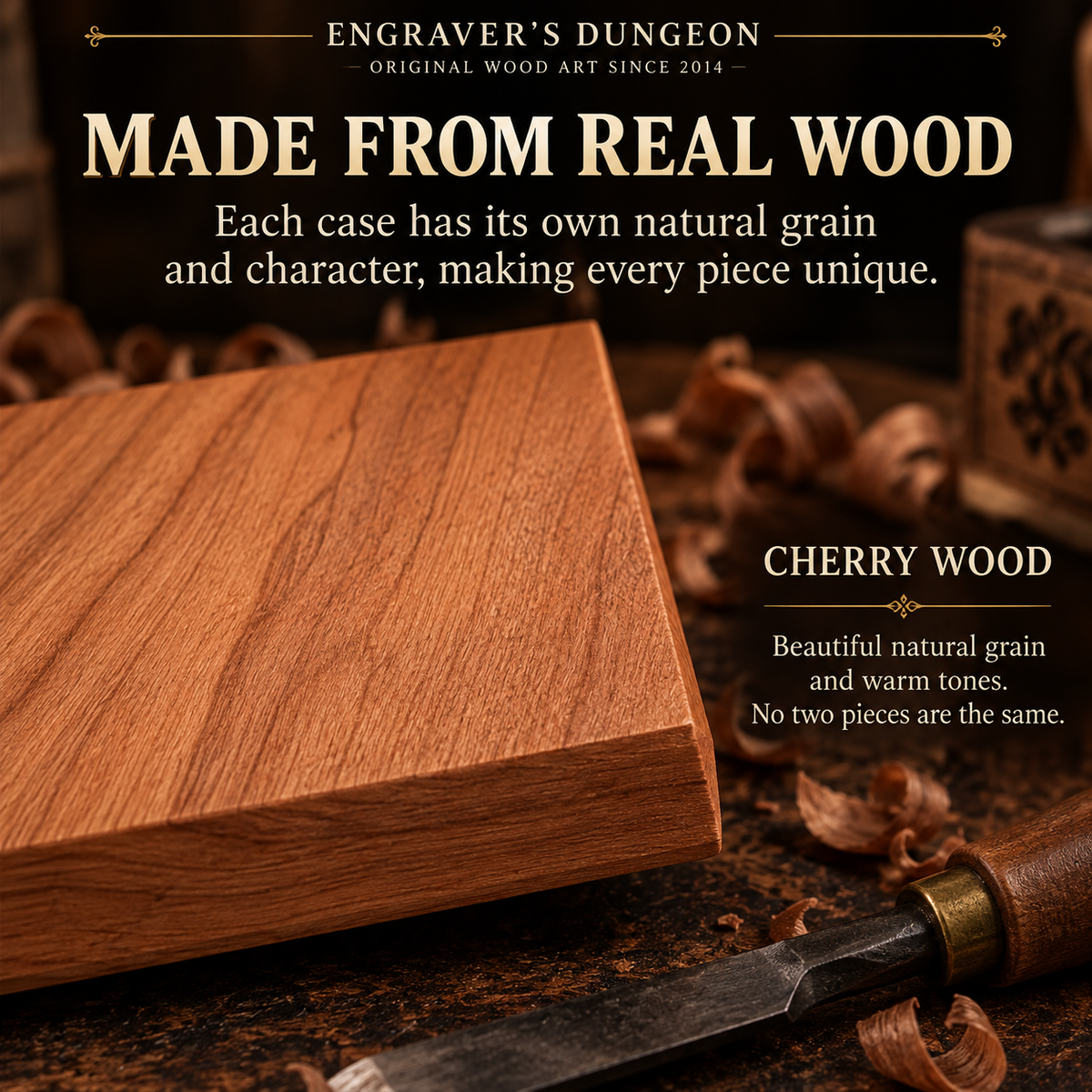 Natural cherrywood used to create custom engraved personalized wood phone cases
