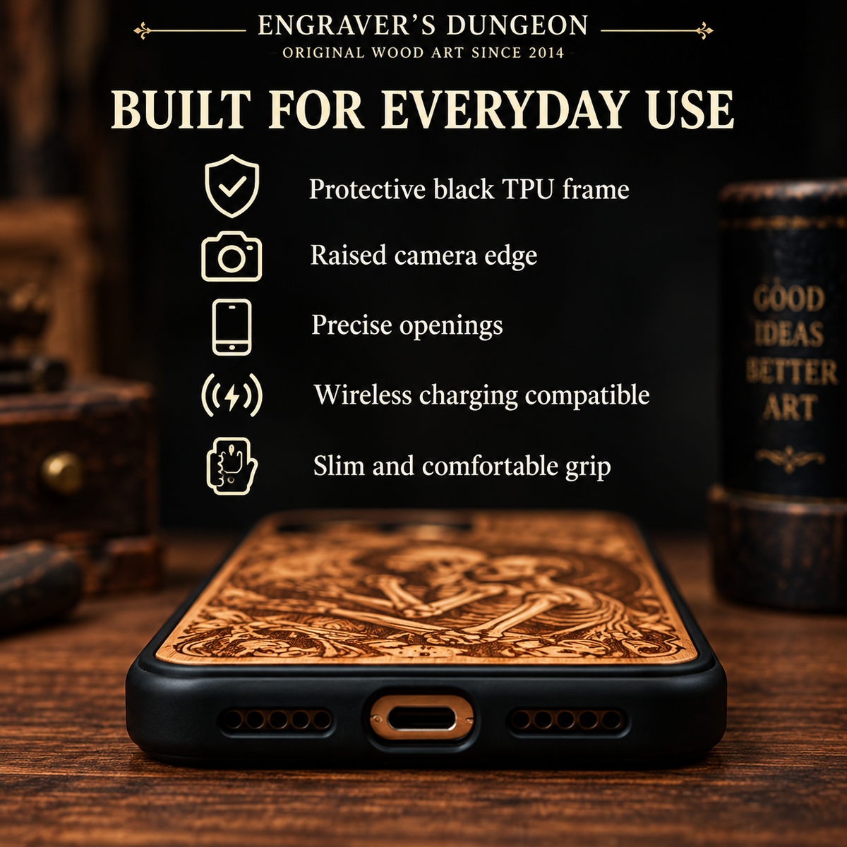 Custom wood phone case with protective TPU sides raised camera edge and precise openings