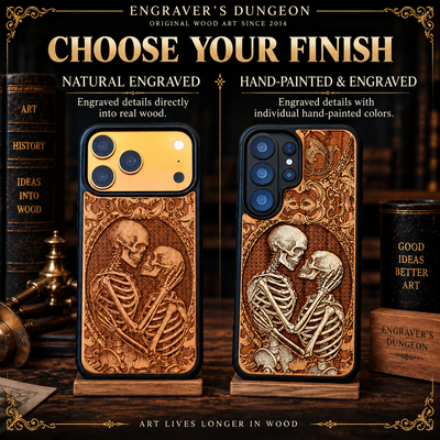 Natural engraved and hand-painted custom cherrywood phone case finish options