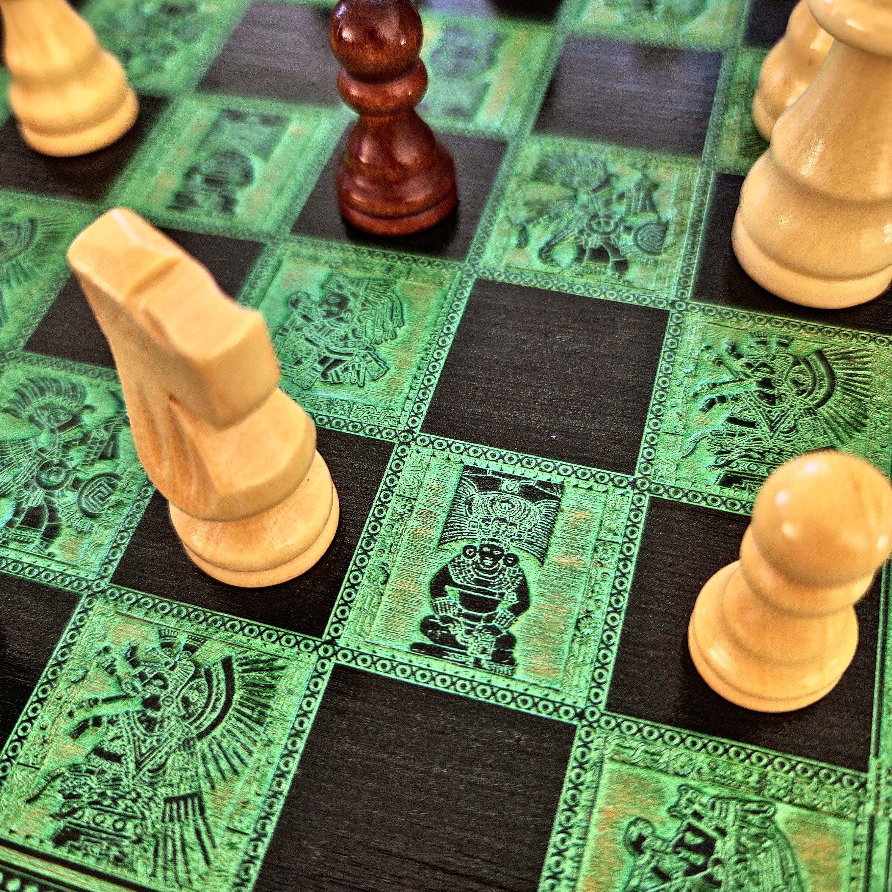 Aztec Chess Board - Black & Green - A3 Large Size