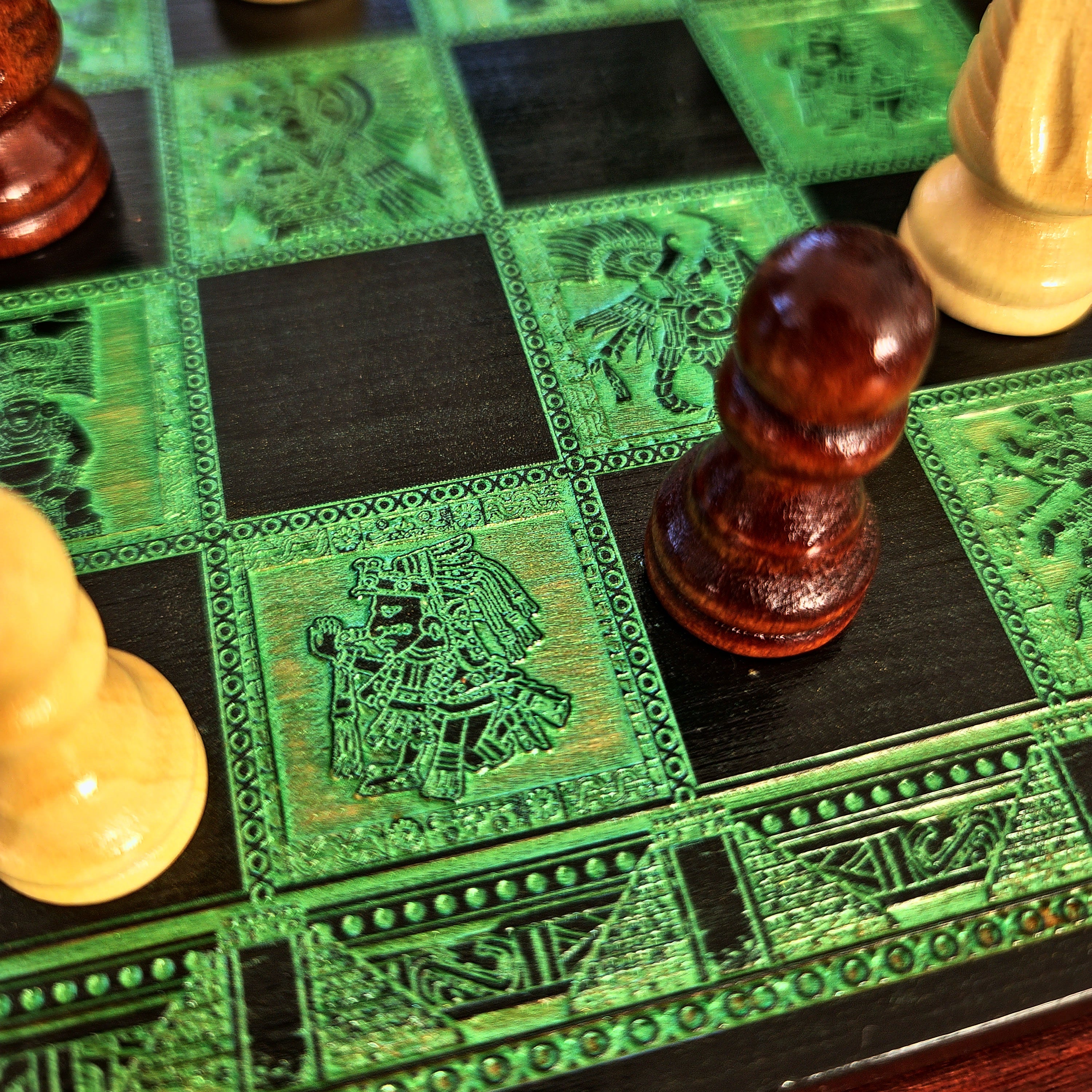 Aztec Chess Board - Black & Green - A3 Large Size