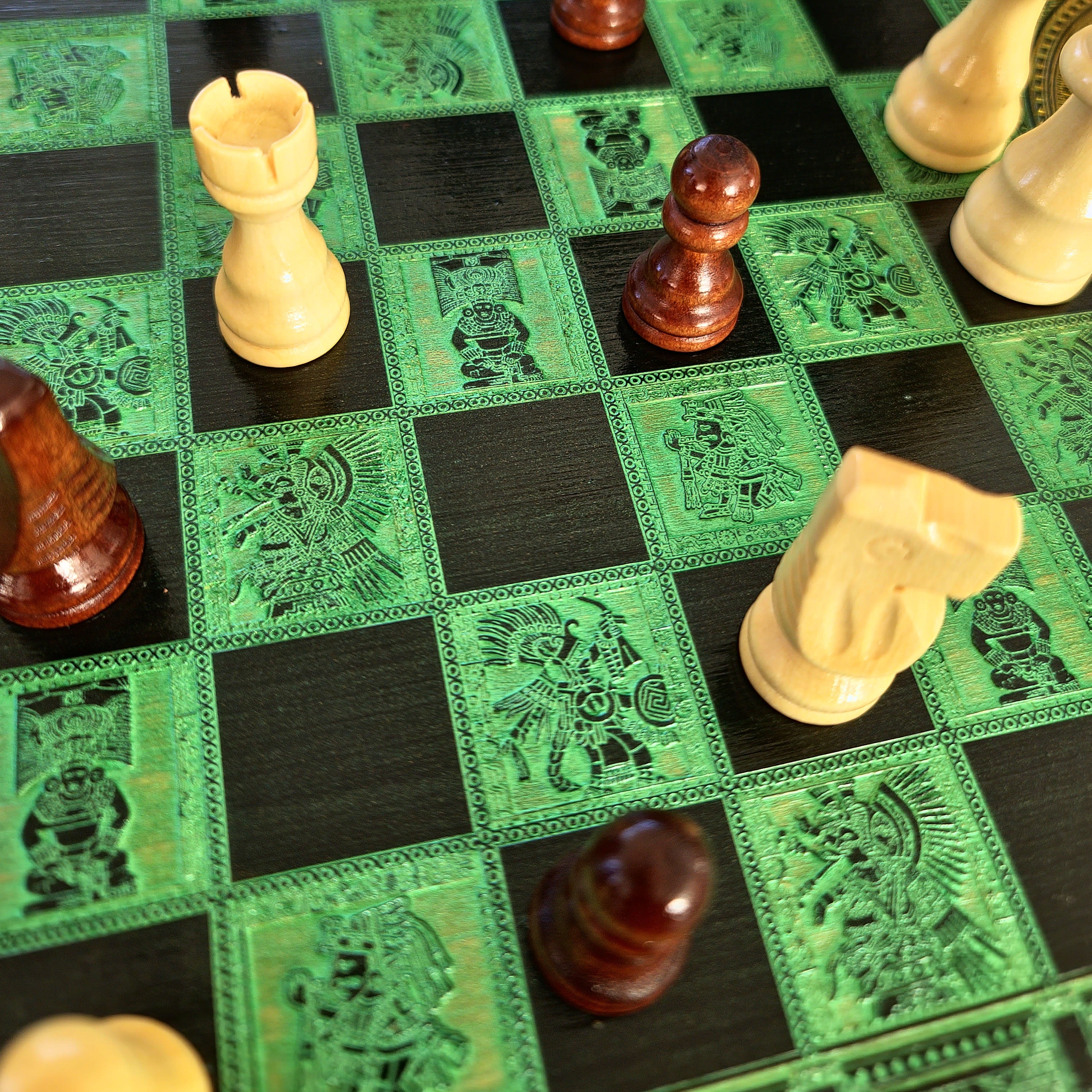 Aztec Chess Board - Black & Green - A3 Large Size