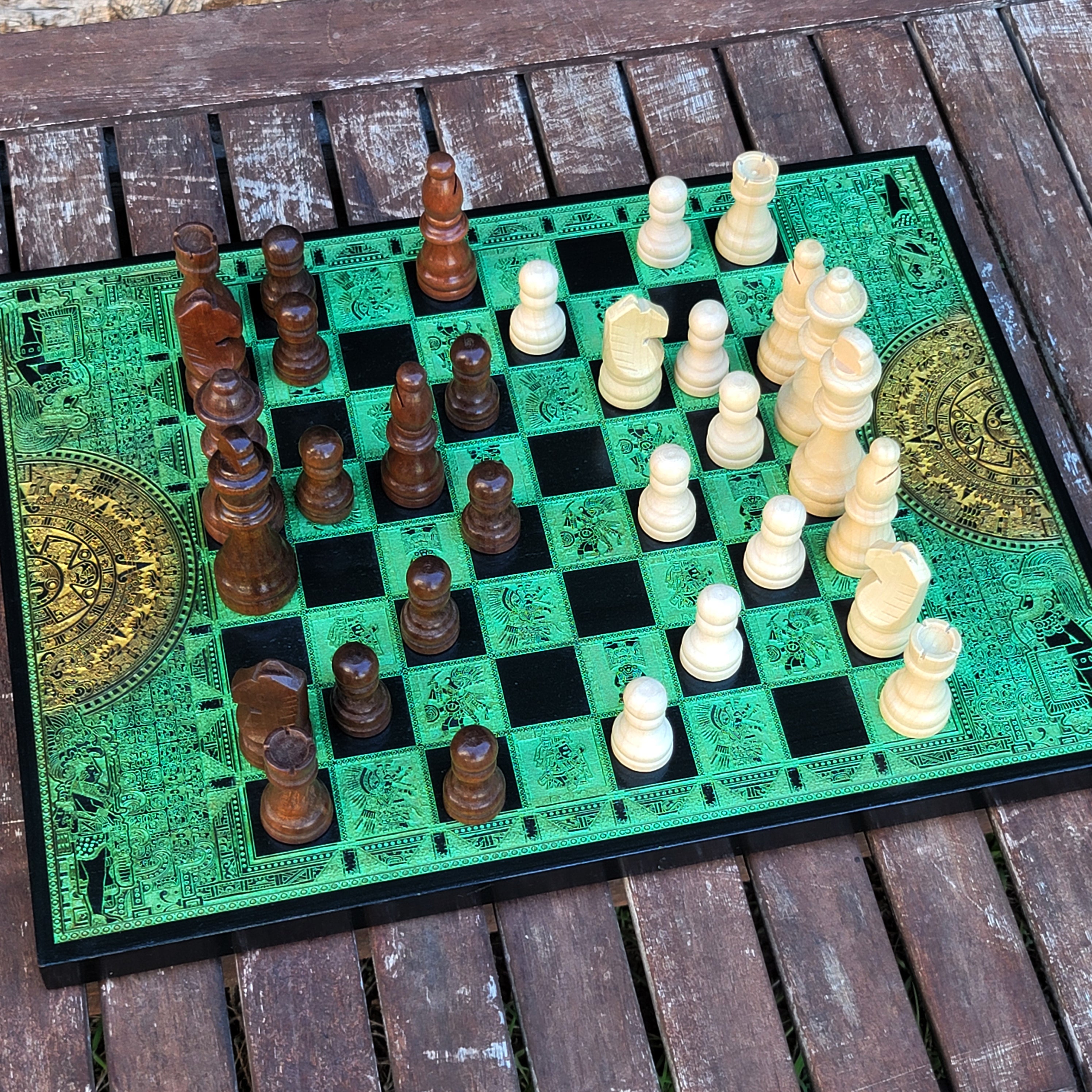Aztec Chess & Checkers Board Game Set Black & Green - A3 Size -1.25" / 32 mm Square