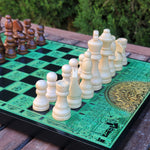 Load image into Gallery viewer, Aztec Chess &amp; Checkers Board Game Set Black &amp; Green - A3 Size -1.25&quot; / 32 mm Square
