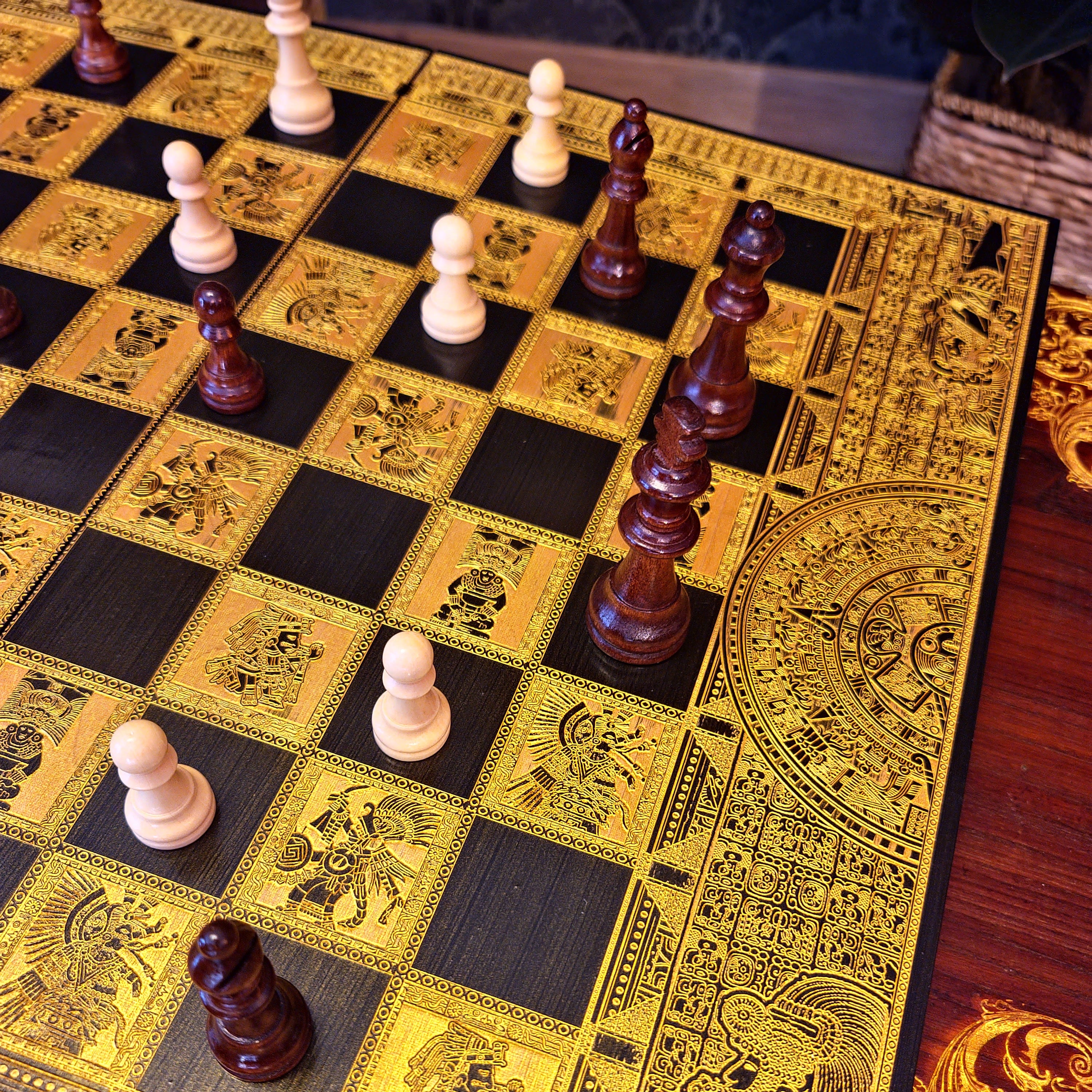 Aztec Chess Board - Black & Gold - Tournament Size