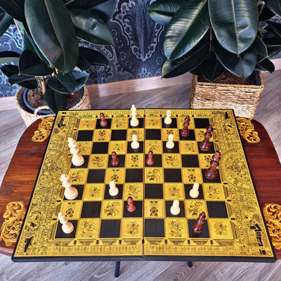 aztec theme wood chessboard black stained and golden engraved