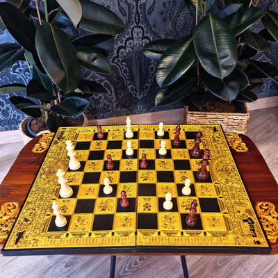 aztec theme wood chessboard black stained and golden engraved