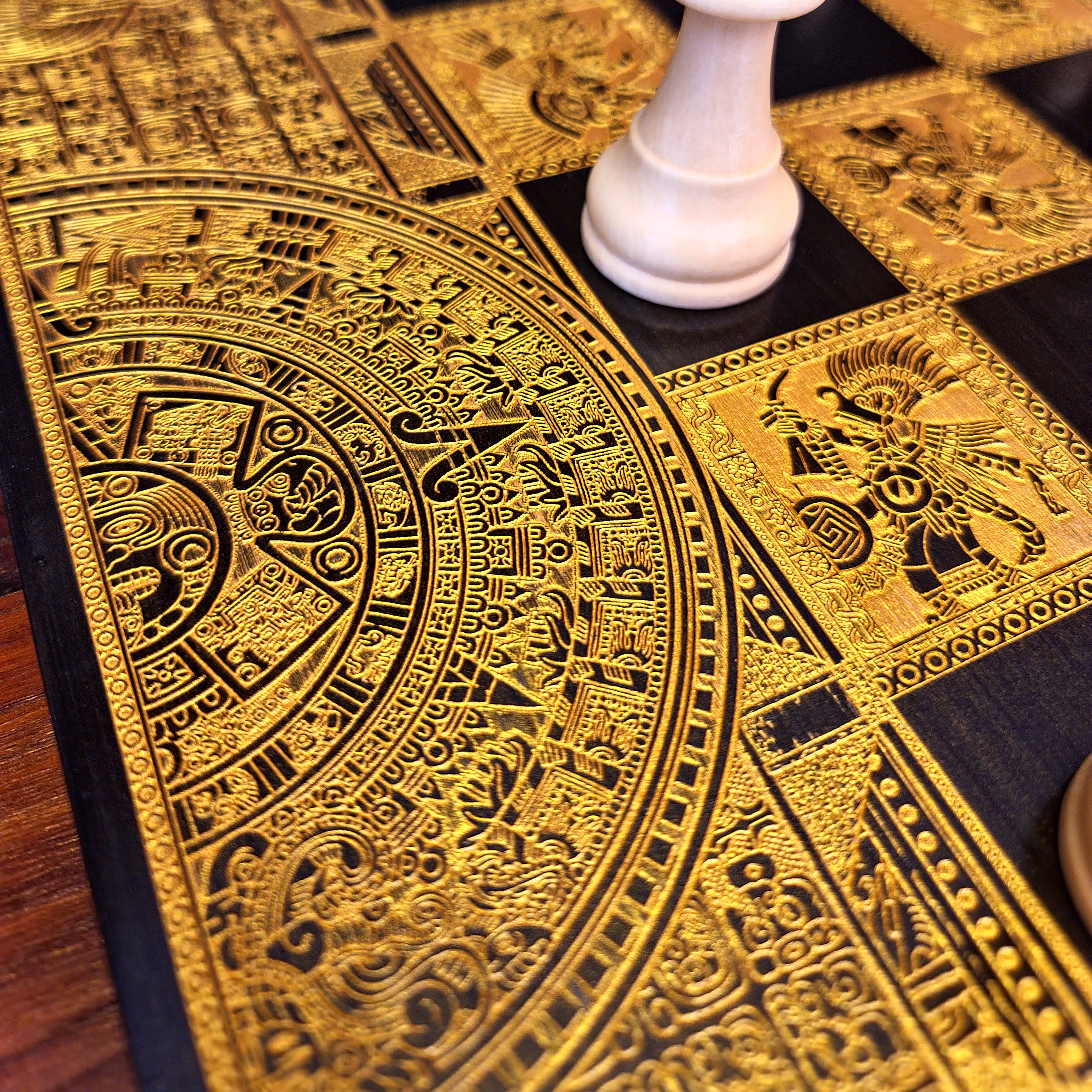Aztec Chess Board - Black & Gold - Tournament Size