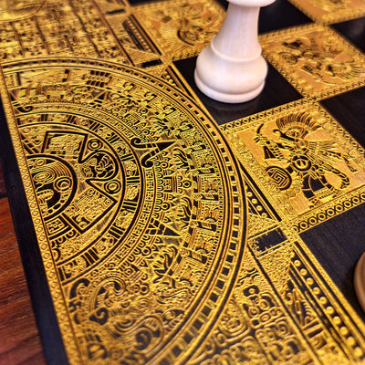 Aztec Chess Board - Black & Gold - Tournament Size