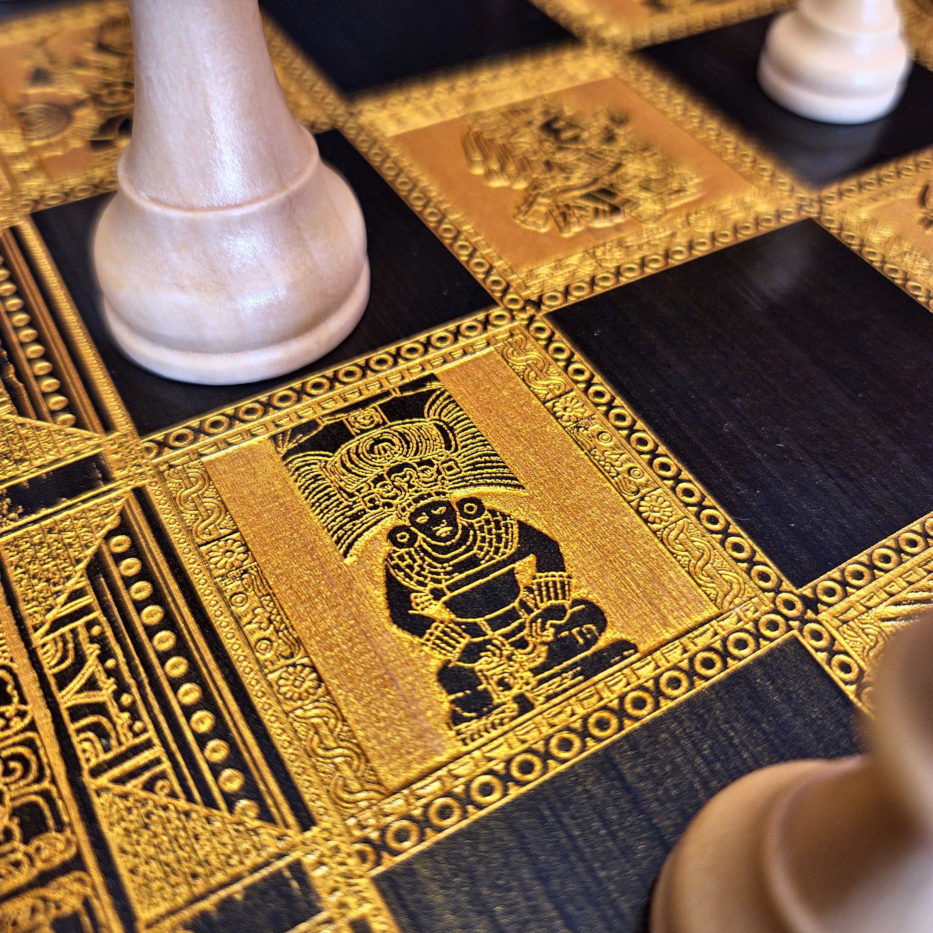 Aztec Chess Board - Black & Gold - Tournament Size
