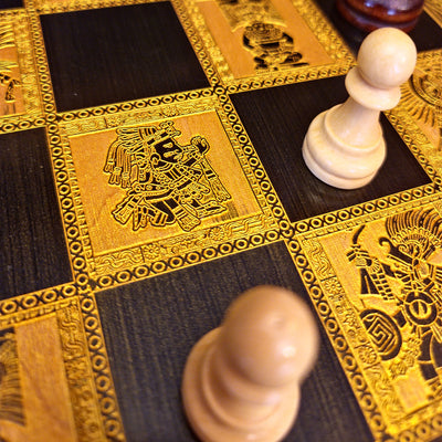 aztec theme wood chessboard black stained and golden engraved