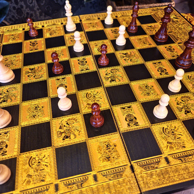 Aztec Chess Board - Black & Gold - Tournament Size