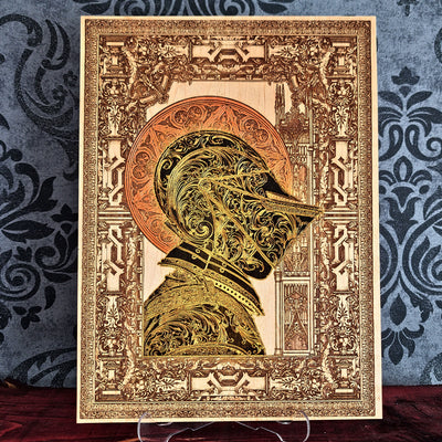 Black-and-gold medieval knight helmet maple wood wall art, unframed front view