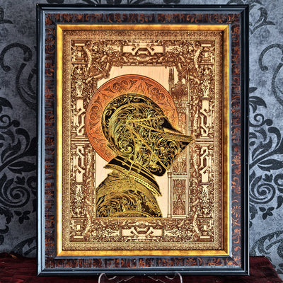 Black-and-gold medieval knight helmet maple wood wall art, front view in a wide gold-leaf frame