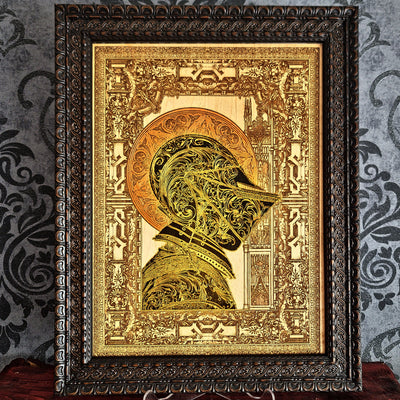 Black-and-gold medieval knight helmet maple wood wall art, front view in an ornate dark brown frame
