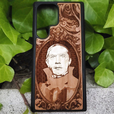 Count Dracula - Wood Phone Case - Hand Painted – gothic art, engraved wood, dark fantasy, skeleton design, artisan crafted