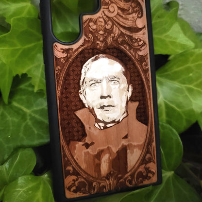 Handcrafted wood phone case with Bela Lugosi as Count Dracula — laser-engraved portrait capturing vintage horror and gothic vampire elegance, compatible with iPhone and Galaxy.