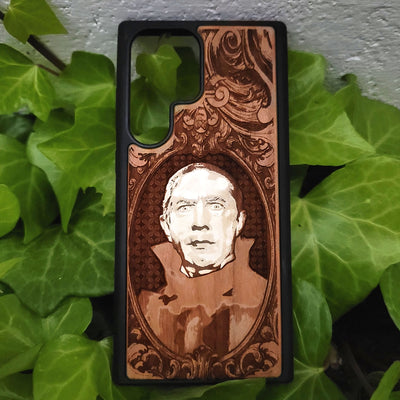 Count Dracula - Wood Phone Case - Hand Painted – gothic art, engraved wood, dark fantasy, skeleton design, artisan crafted