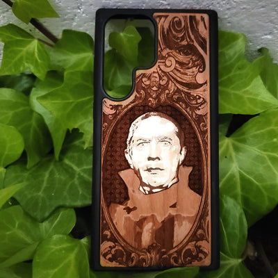Count Dracula - Wood Phone Case - Hand Painted – gothic art, engraved wood, dark fantasy, skeleton design, artisan crafted