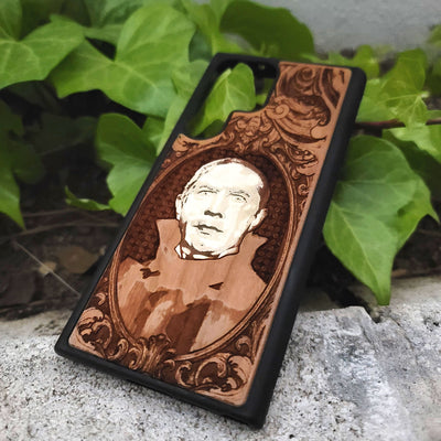 Count Dracula - Wood Phone Case - Hand Painted – gothic art, engraved wood, dark fantasy, skeleton design, artisan crafted