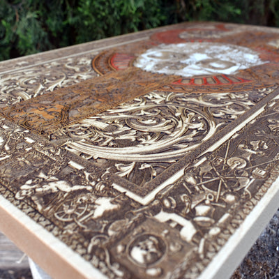 Gothic engraved wood art – gothic art, engraved wood, dark fantasy, skeleton design, artisan crafted