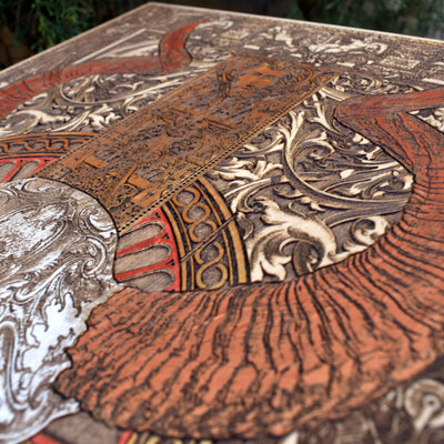 Gothic engraved wood art – gothic art, engraved wood, dark fantasy, skeleton design, artisan crafted