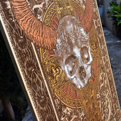 Gothic engraved wood art – gothic art, engraved wood, dark fantasy, skeleton design, artisan crafted