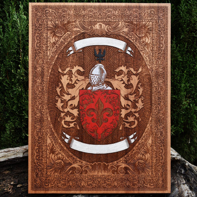 Laser-engraved personalized coat of arms on wood, with custom family name banner.