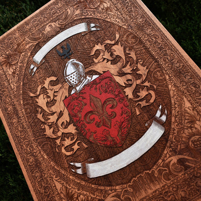 Family shield engraving with customizable banner text for heritage display.