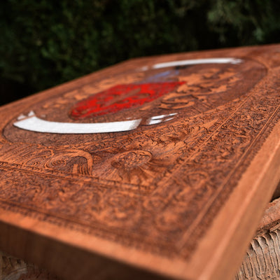Custom wooden family crest wall art with engraved surname or motto.