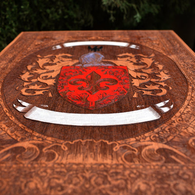 Engraved wooden crest artwork personalized with your family name.