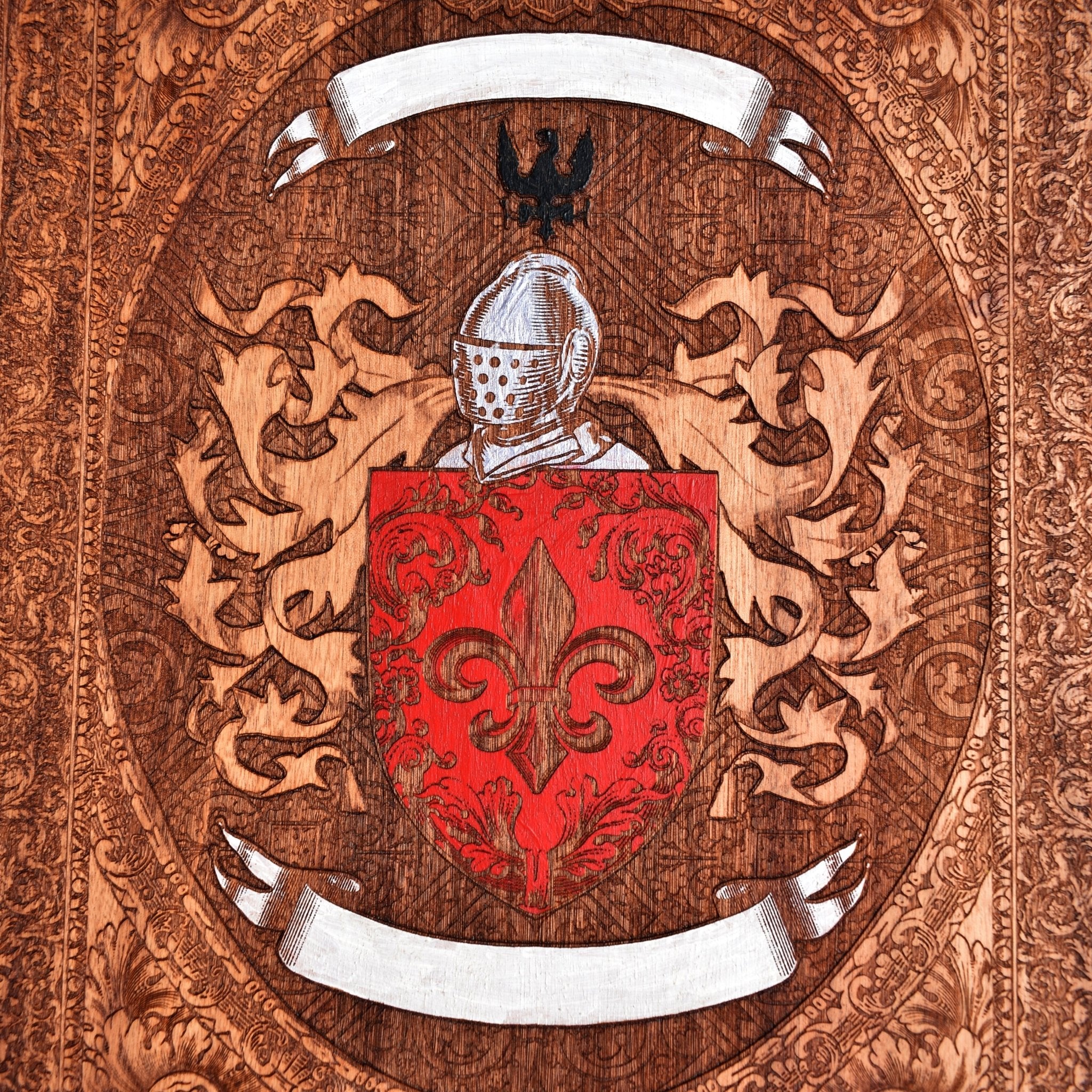 Heirloom-style coat of arms art, custom engraved for weddings or anniversaries.