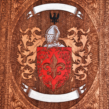 Heirloom-style coat of arms art, custom engraved for weddings or anniversaries.