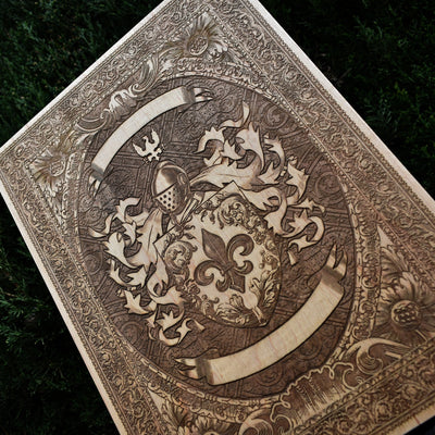 Wooden coat of arms plaque with custom text banner, perfect family gift.