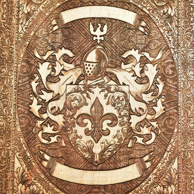 Gothic-style coat of arms wood engraving with family name on banner.