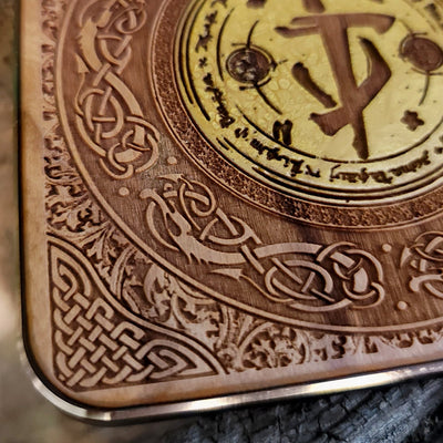 Gamer desk setup with Doom-inspired wooden wireless charger.