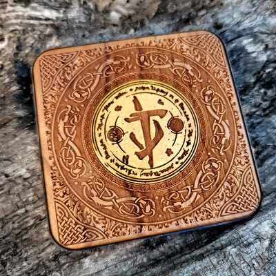 Artisan wood charger featuring hand-painted Doom game design.