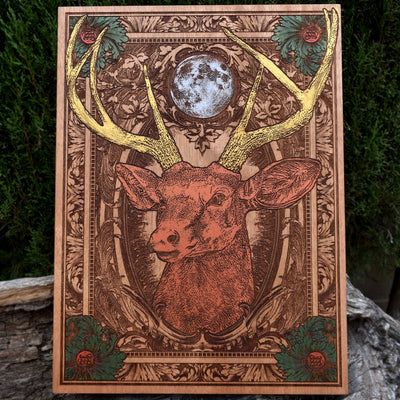 Deer Head Wall Mount - Large Cedar Wood – gothic art, engraved wood, dark fantasy, skeleton design, artisan crafted