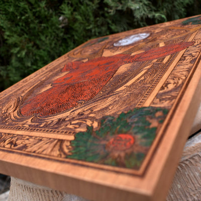 Gothic engraved wood art – gothic art, engraved wood, dark fantasy, skeleton design, artisan crafted